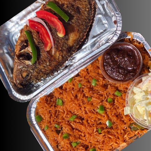 Aroma Ghana Jollof with Crispy Fried Tilapia sided with Coleslaw | Tema - Chow Connect